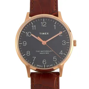 Timex Men's Watch Waterbury Quartz Rose Gold Case Black Dial Brown Strap TW2R71400