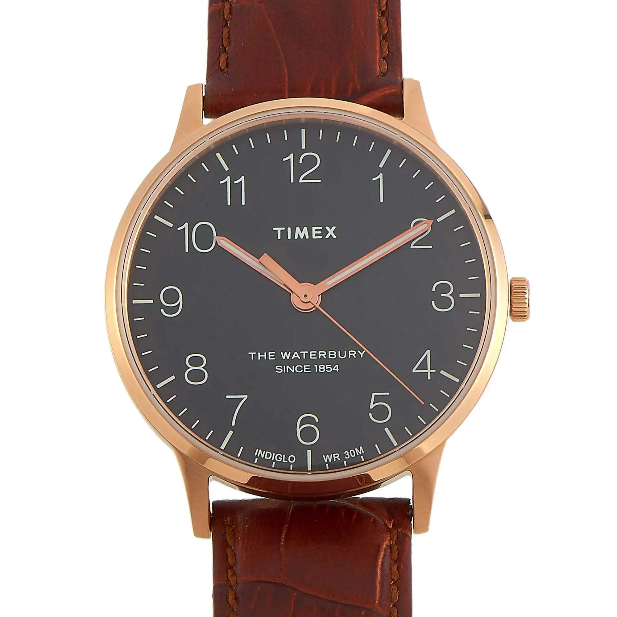 Timex Men's Watch Waterbury Quartz Rose Gold Case Black Dial Brown Strap TW2R71400