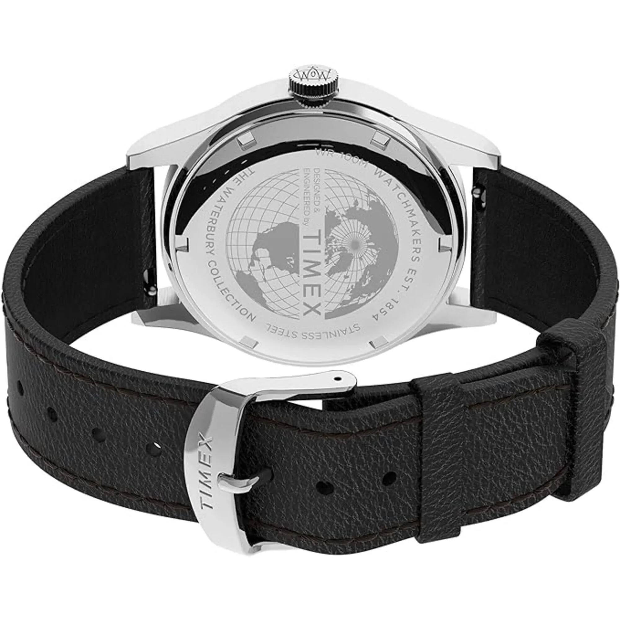 Timex Men's Watch - Waterbury Silver Dial Black Leather Strap Quartz | TW2U90200VQ