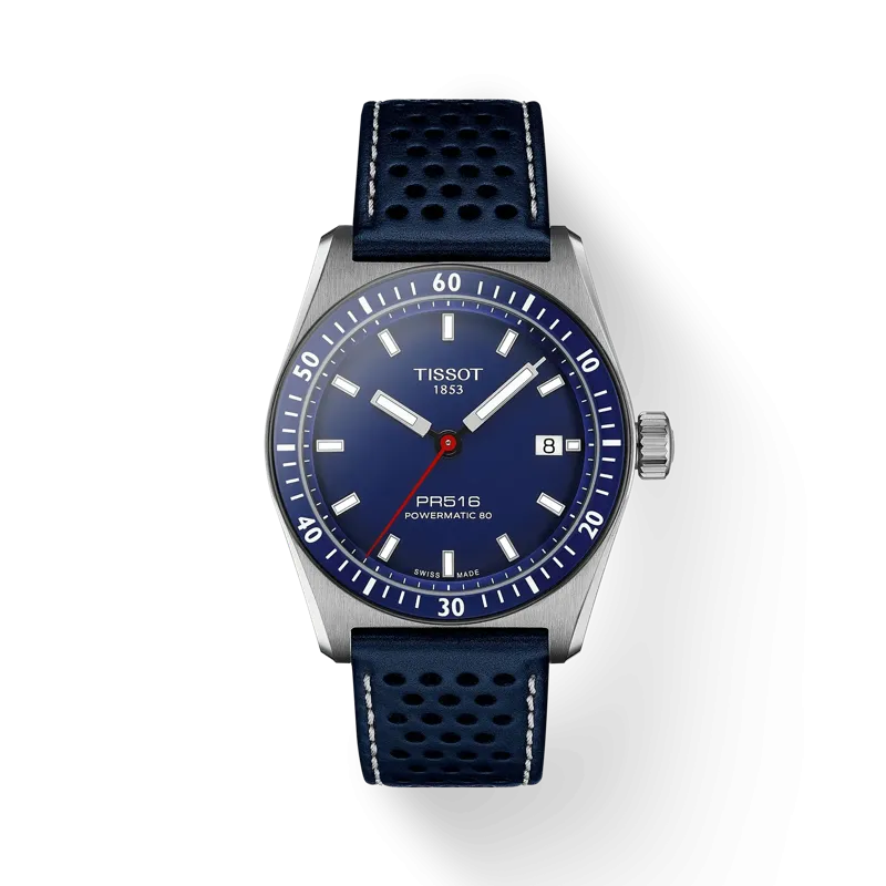TISSOT PR516 POWERMATIC 80 T1494071604100 38mm BLUE DIAL LEATHER STRAP WATCH