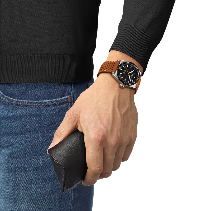 TISSOT PR516 POWERMATIC 80 T1494071605100 38mm BLACK DIAL BROWN LEATHER STRAP WATCH
