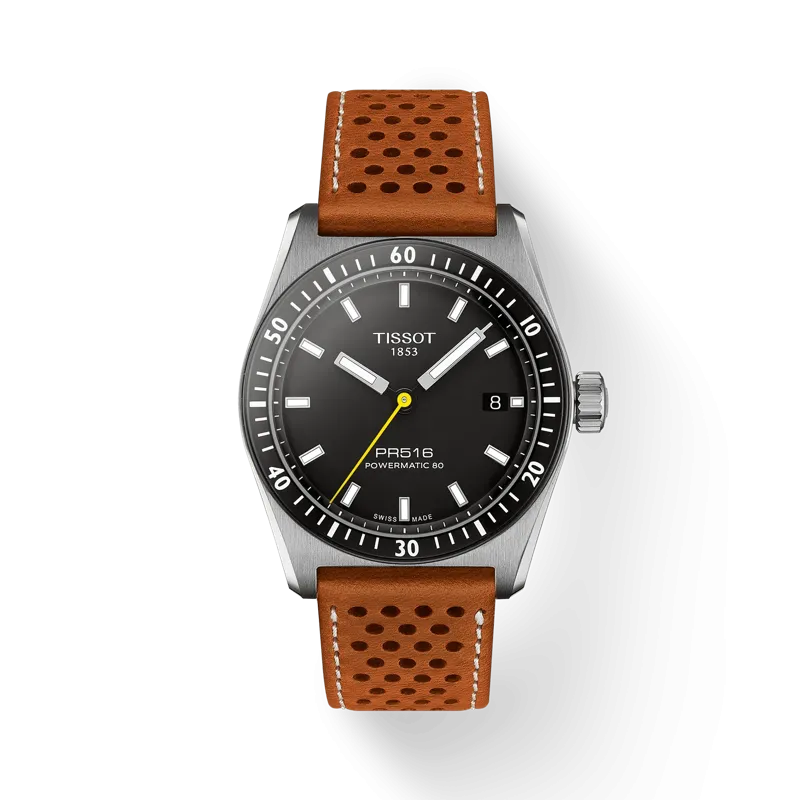 TISSOT PR516 POWERMATIC 80 T1494071605100 38mm BLACK DIAL BROWN LEATHER STRAP WATCH