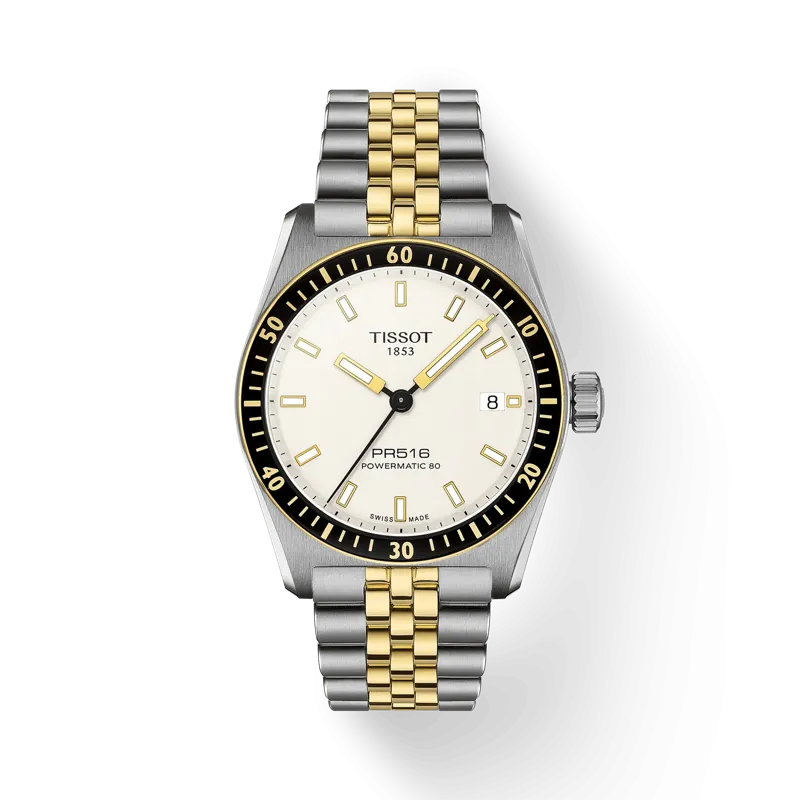 TISSOT PR516 POWERMATIC 80 T1494072201100 38mm WHITE DIAL GOLD & GREY STEEL WATCH