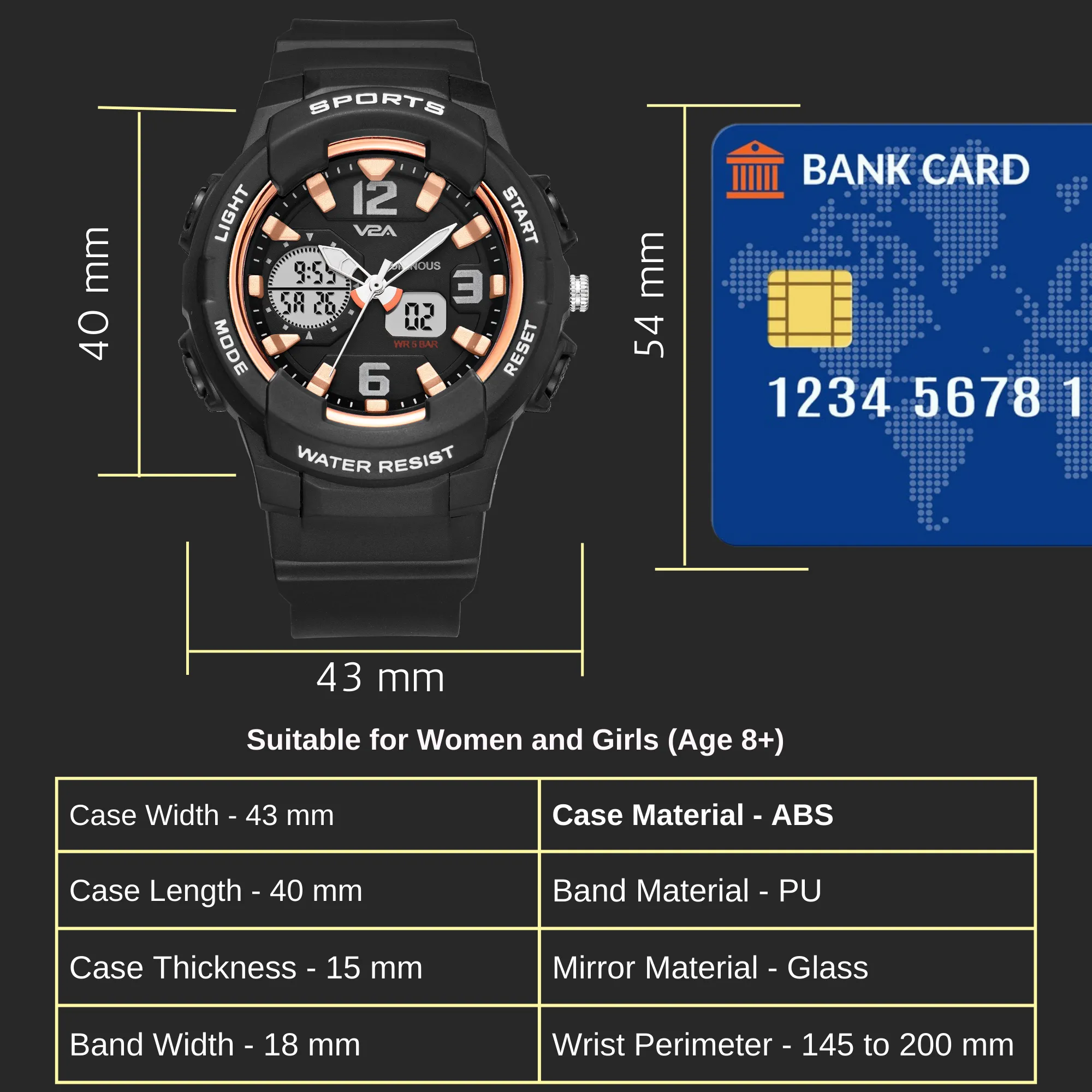 V2A Analog Digital 5ATM Waterproof Fashion Black Sports Watch for Women and Girls