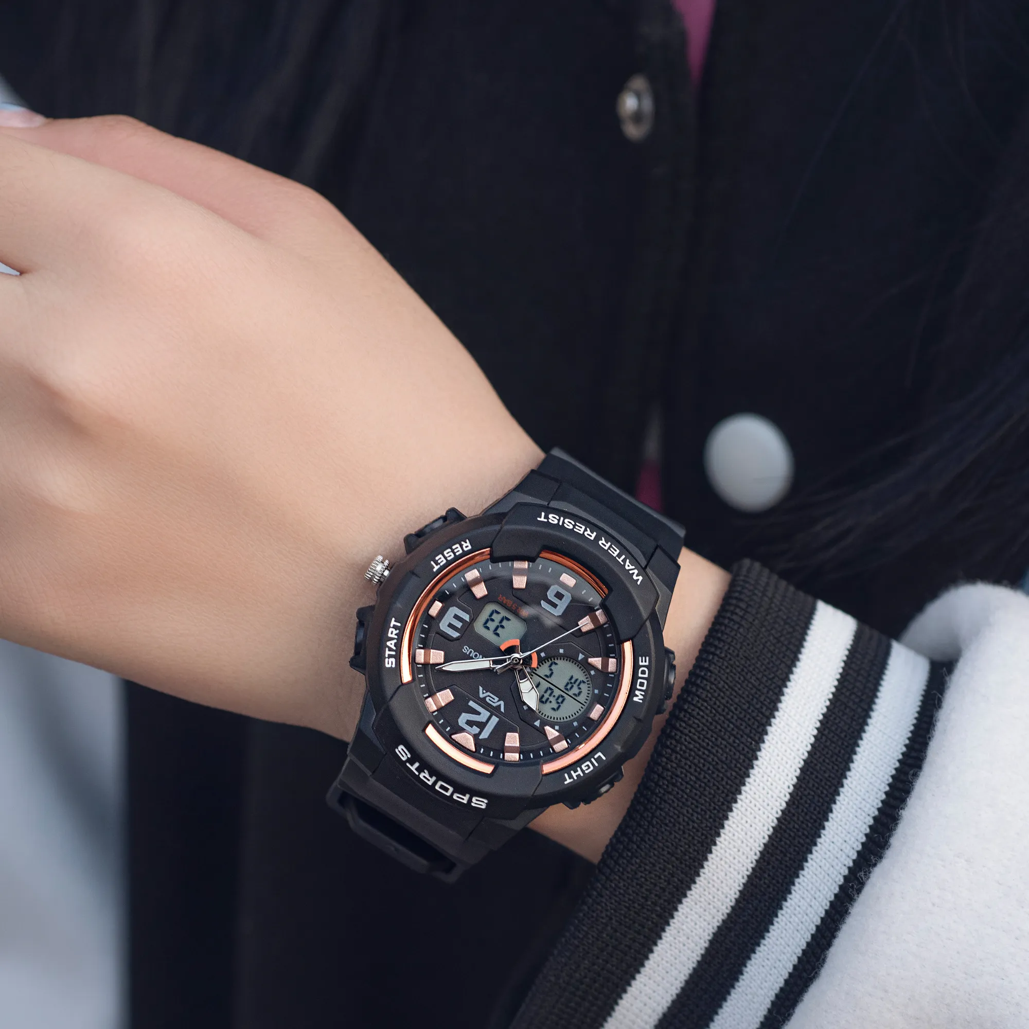 V2A Analog Digital 5ATM Waterproof Fashion Black Sports Watch for Women and Girls