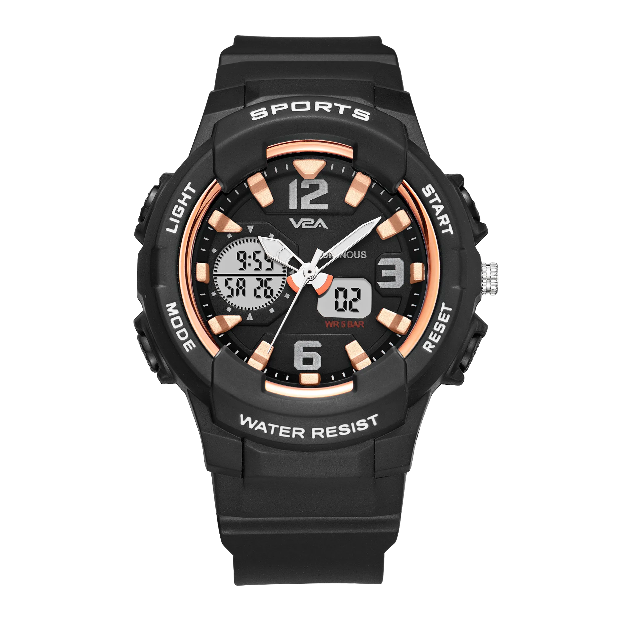 V2A Analog Digital 5ATM Waterproof Fashion Black Sports Watch for Women and Girls