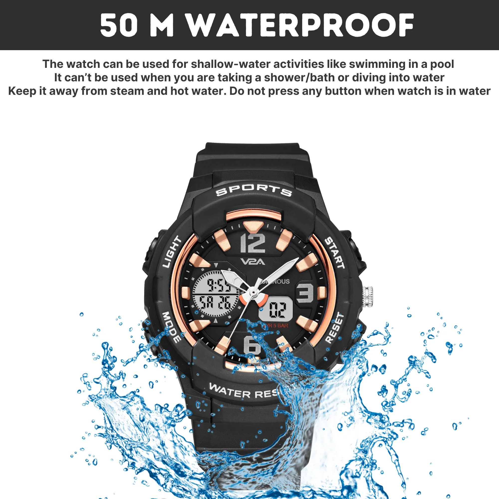 V2A Analog Digital 5ATM Waterproof Fashion Black Sports Watch for Women and Girls