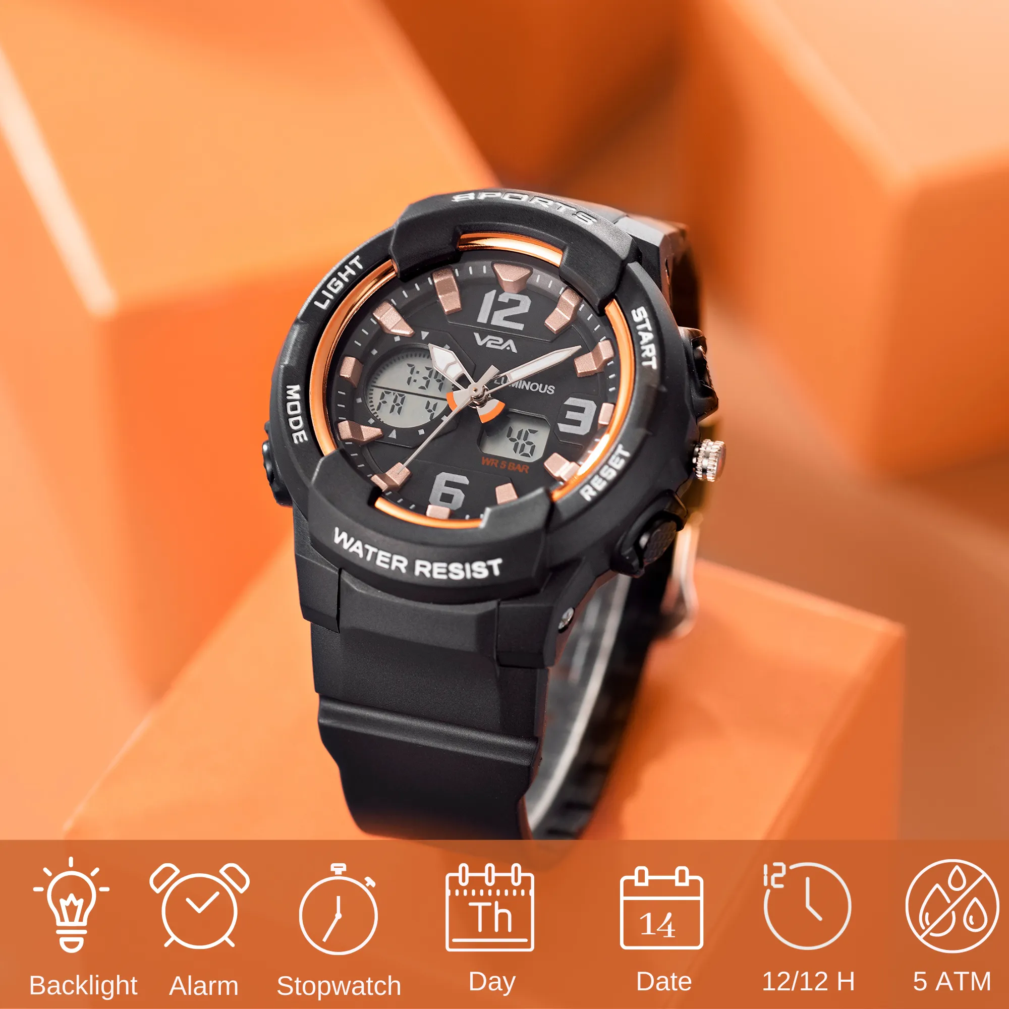 V2A Analog Digital 5ATM Waterproof Fashion Black Sports Watch for Women and Girls