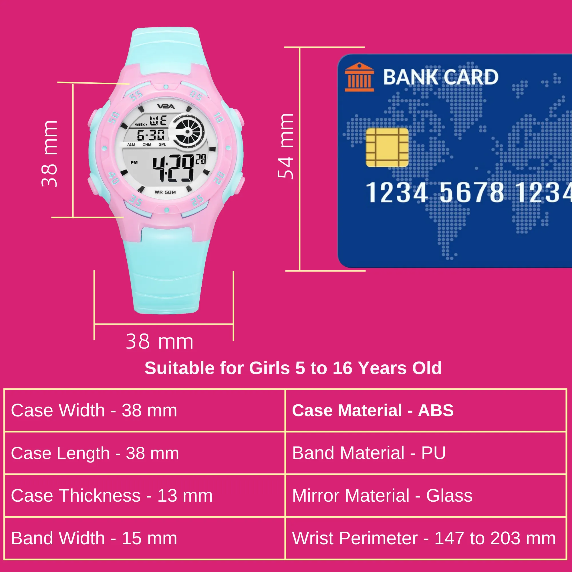 V2A Digital 5ATM Waterproof Kids Sports Watch for Girls