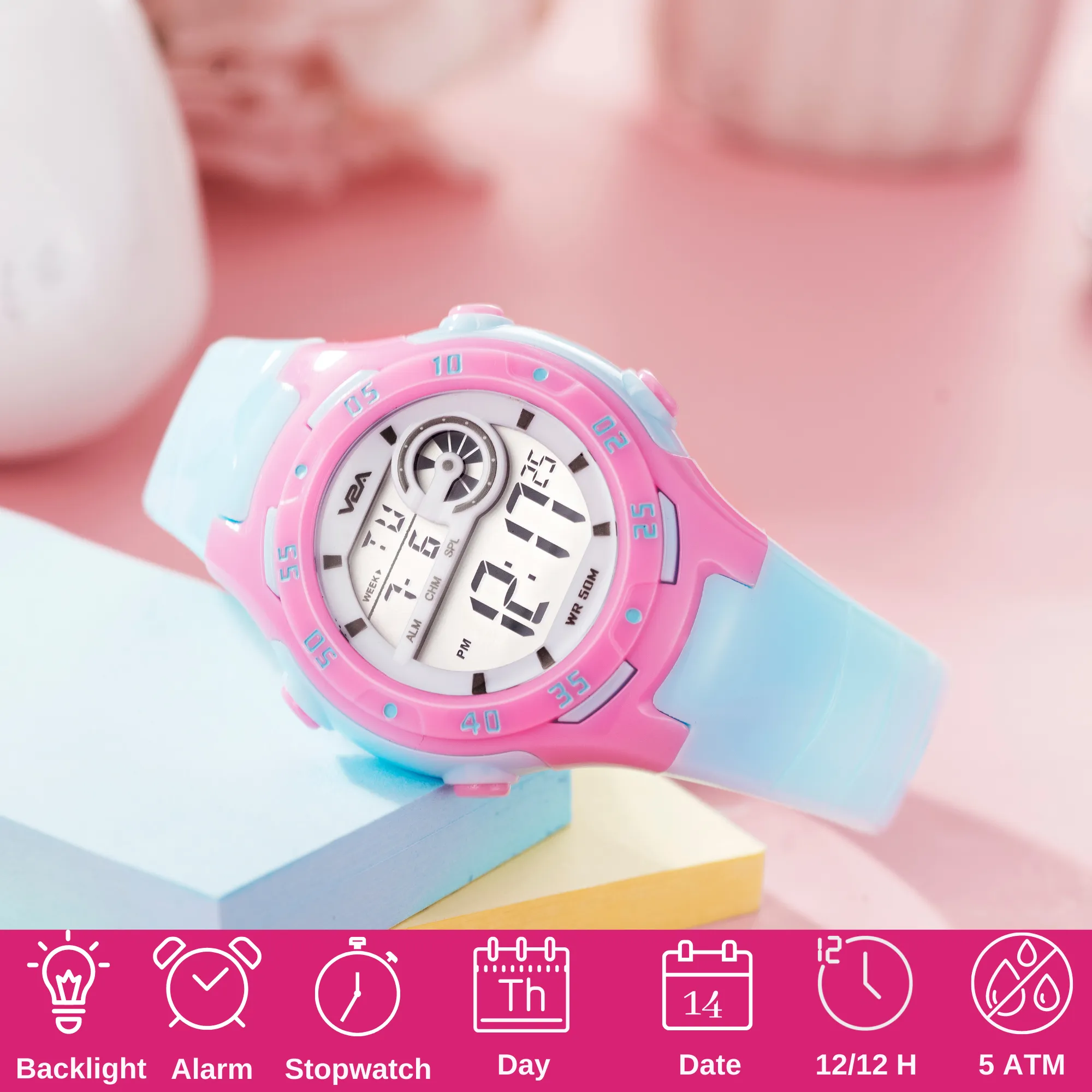 V2A Digital 5ATM Waterproof Kids Sports Watch for Girls