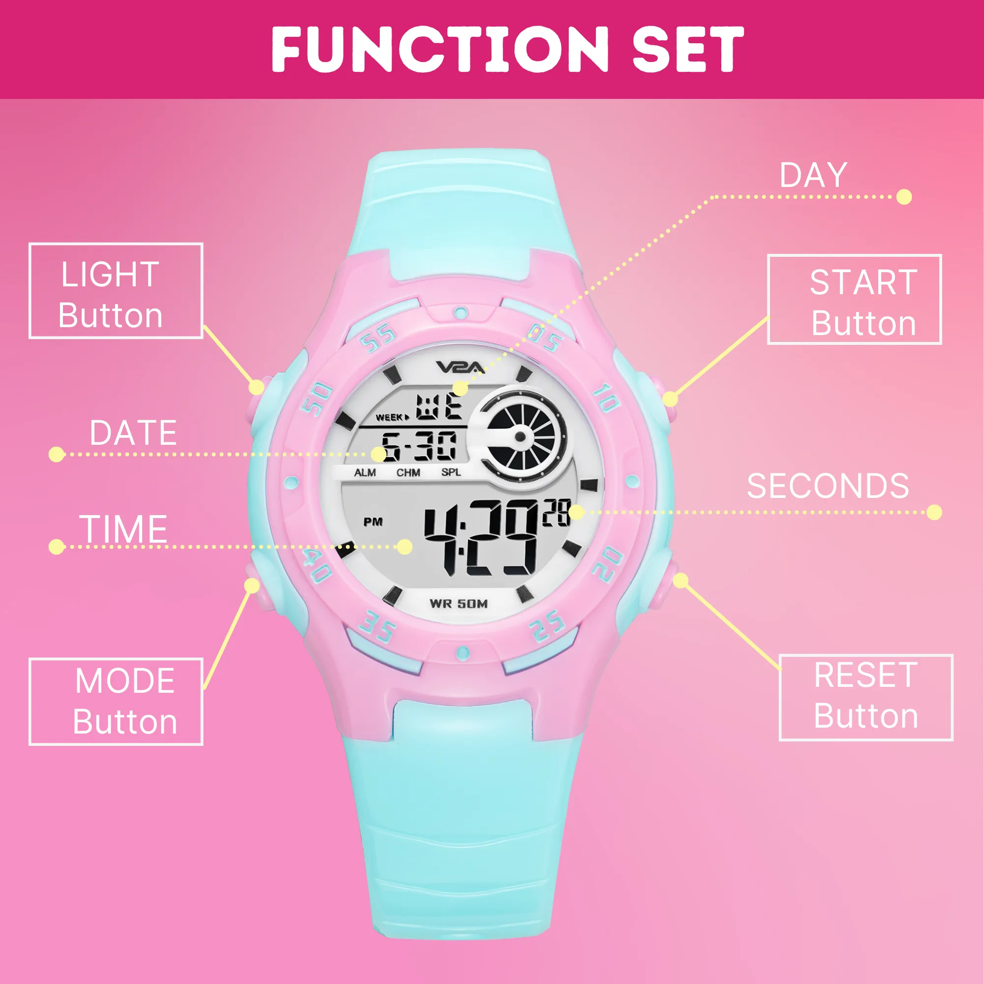 V2A Digital 5ATM Waterproof Kids Sports Watch for Girls
