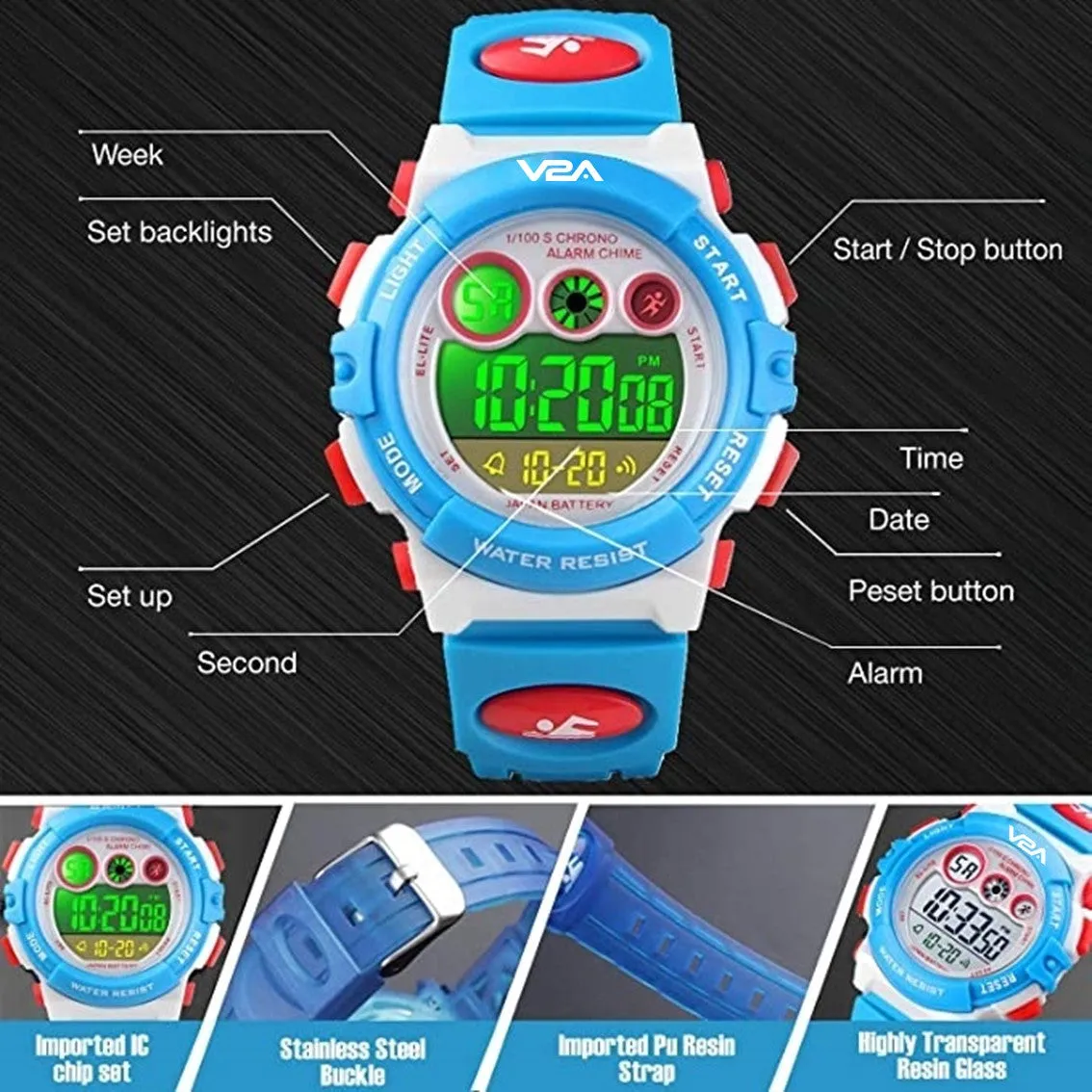 V2A Digital Kids Sports Watch with 7 Color