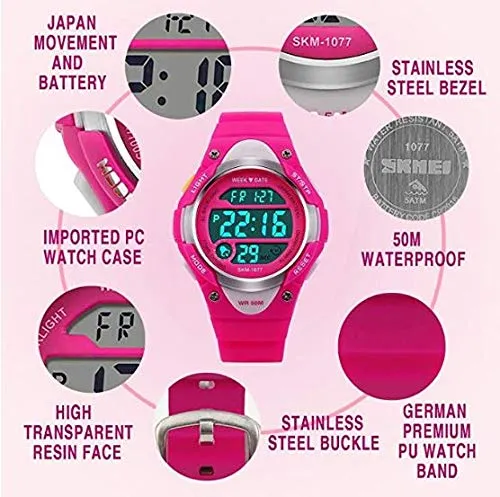 V2A Kids Pink LED Backlight Waterproof Digital Sports Casual Watch For Boys And Girls