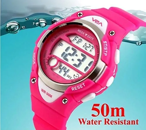 V2A Kids Pink LED Backlight Waterproof Digital Sports Casual Watch For Boys And Girls