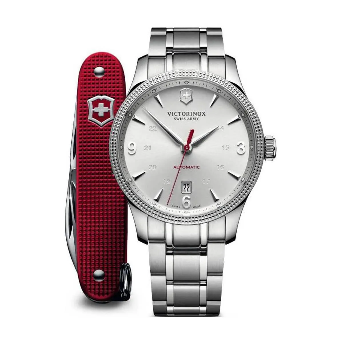 Victorinox Swiss Army Men's Alliance Silver Tone Dial Bracelet Automatic Watch and Knife Set | 241715.1