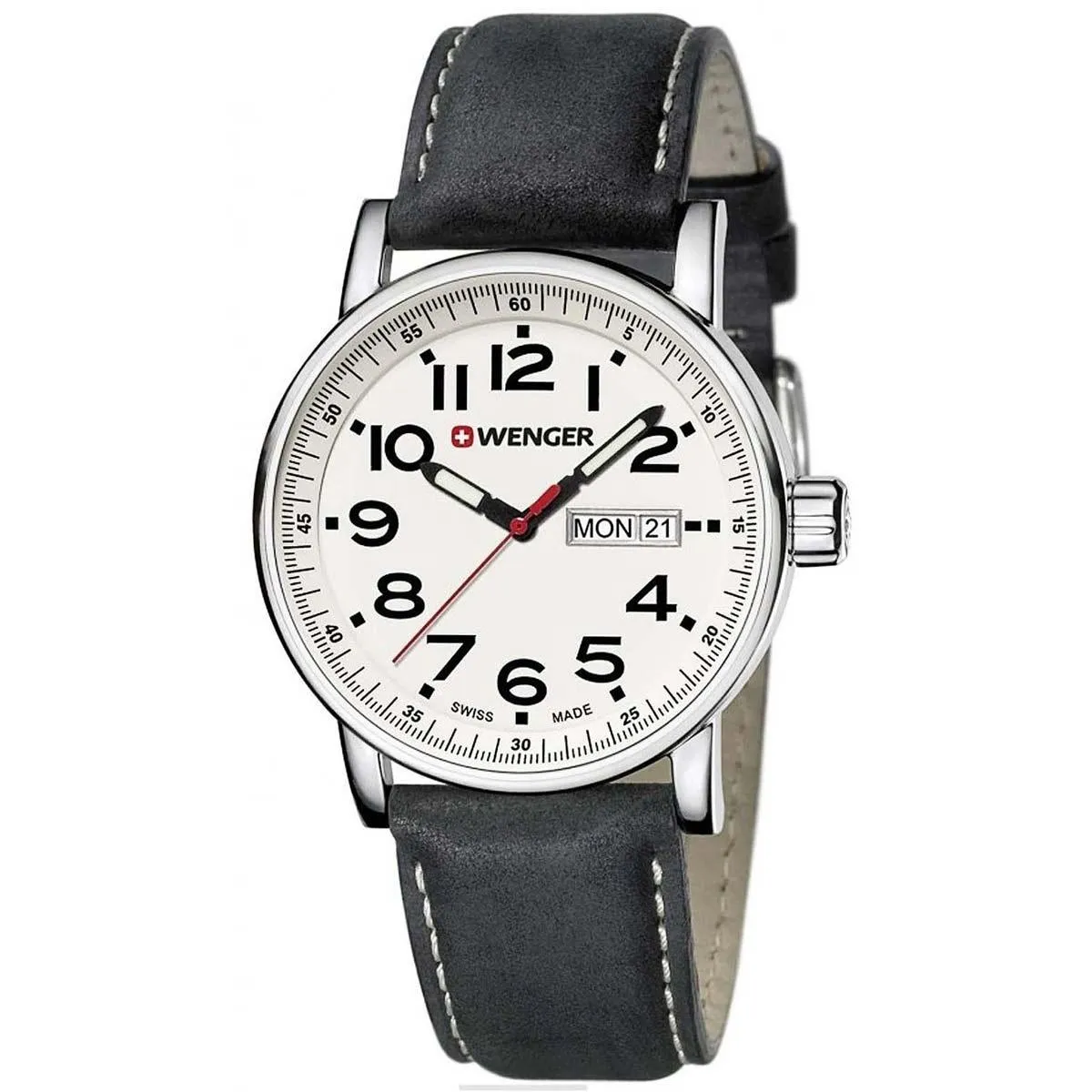 Wenger 01.0341.101 Men's Attitude White Dial Black Leather Strap Watch