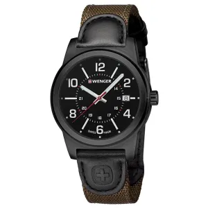 Wenger 01.0441.165 Men's Field Gear Black Dial Brown Nylon & Leather Strap Watch