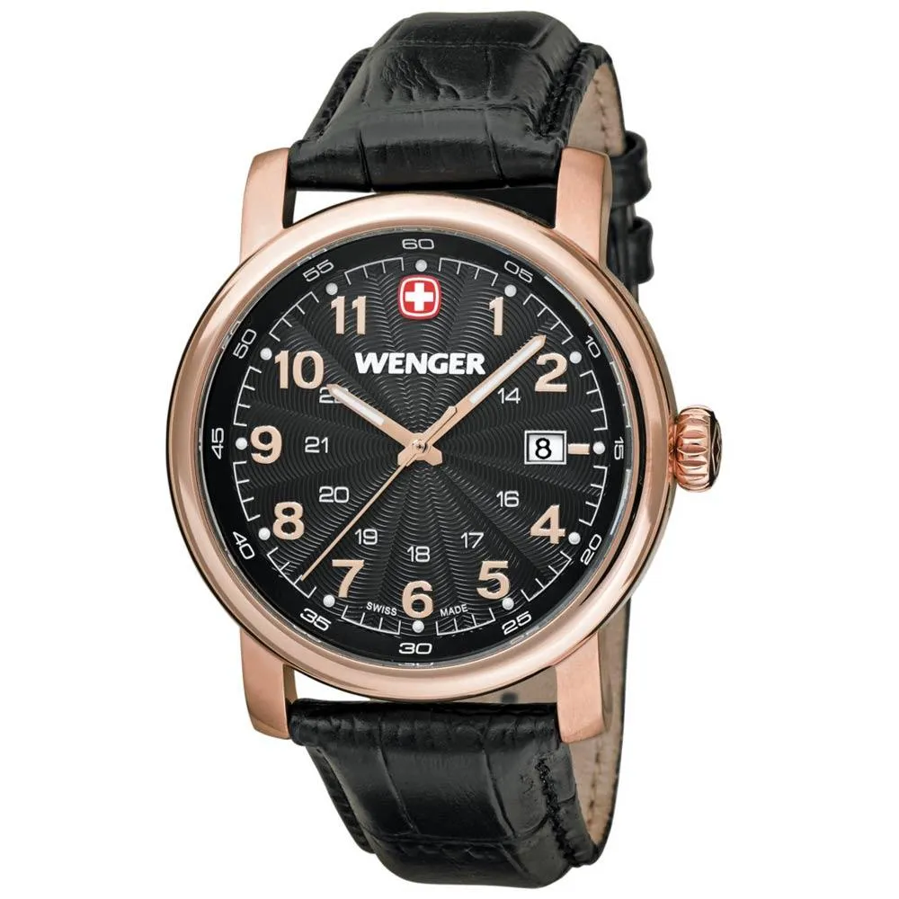 Wenger 01.1041.108 Men's Urban Classic Black Dial Rose Gold Steel Black Leather Strap Watch