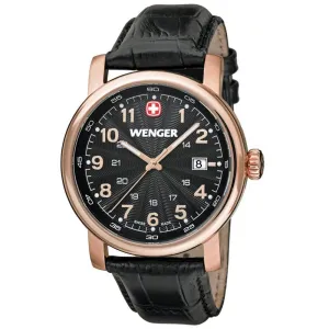 Wenger 01.1041.108 Men's Urban Classic Black Dial Rose Gold Steel Black Leather Strap Watch