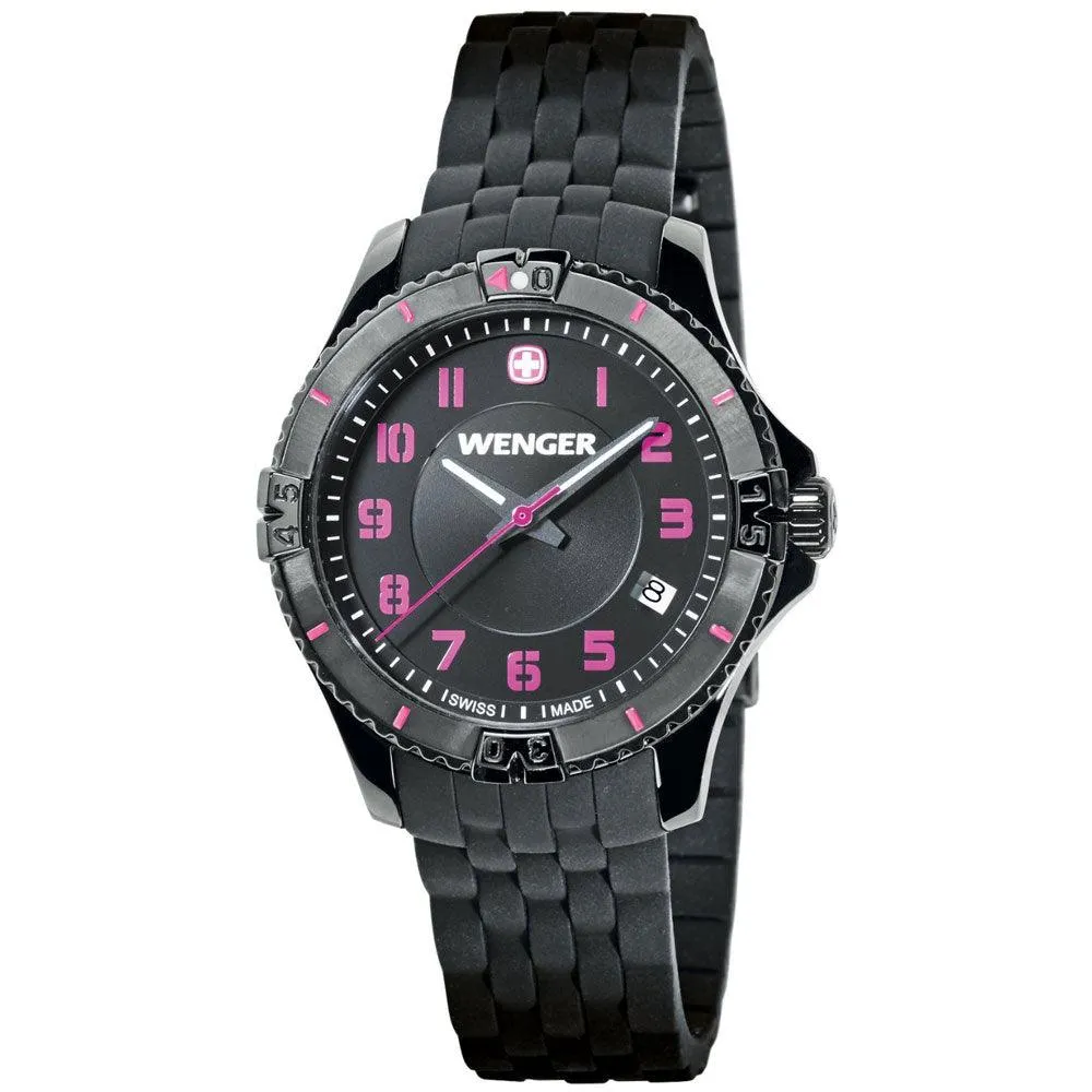Wenger 0121.105 Women's Squadron Black Dial Black IP Steel Black Rubber Strap Watch