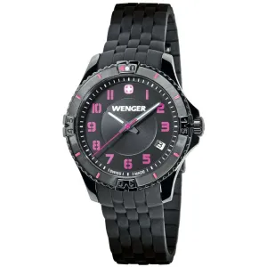 Wenger 0121.105 Women's Squadron Black Dial Black IP Steel Black Rubber Strap Watch