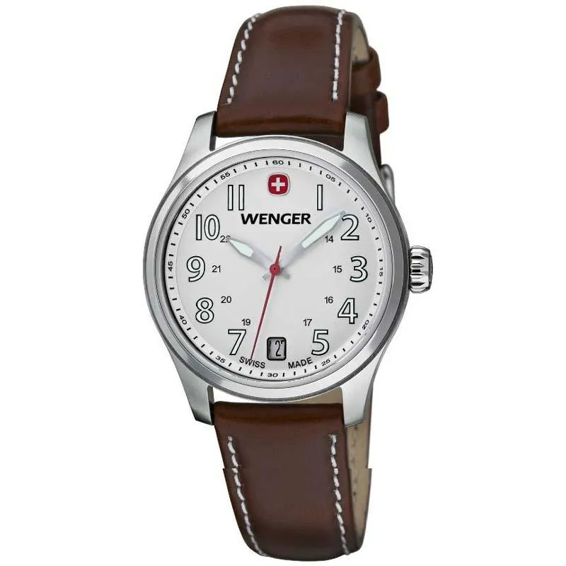Wenger 0521.101 Women's Terragraph Swiss Made White Dial Brown Leather Strap Watch