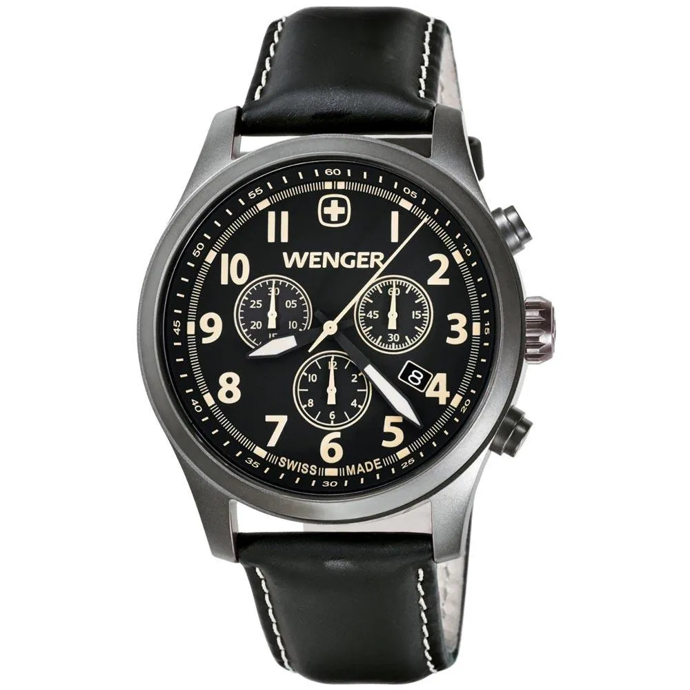 Wenger 0543.104 Men's Terragraph Black Dial Gunmetal IP Black Leather Strap Chronograph Watch