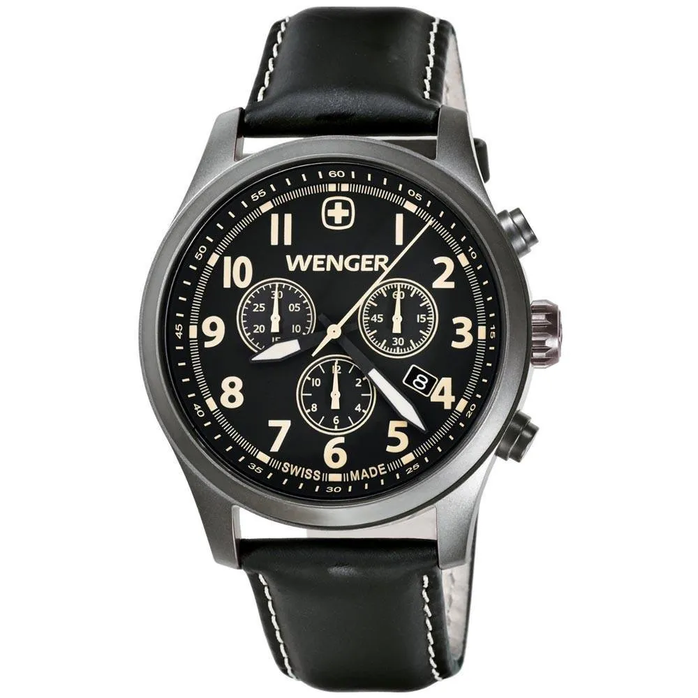 Wenger 0543.104 Men's Terragraph Black Dial Gunmetal IP Black Leather Strap Chronograph Watch