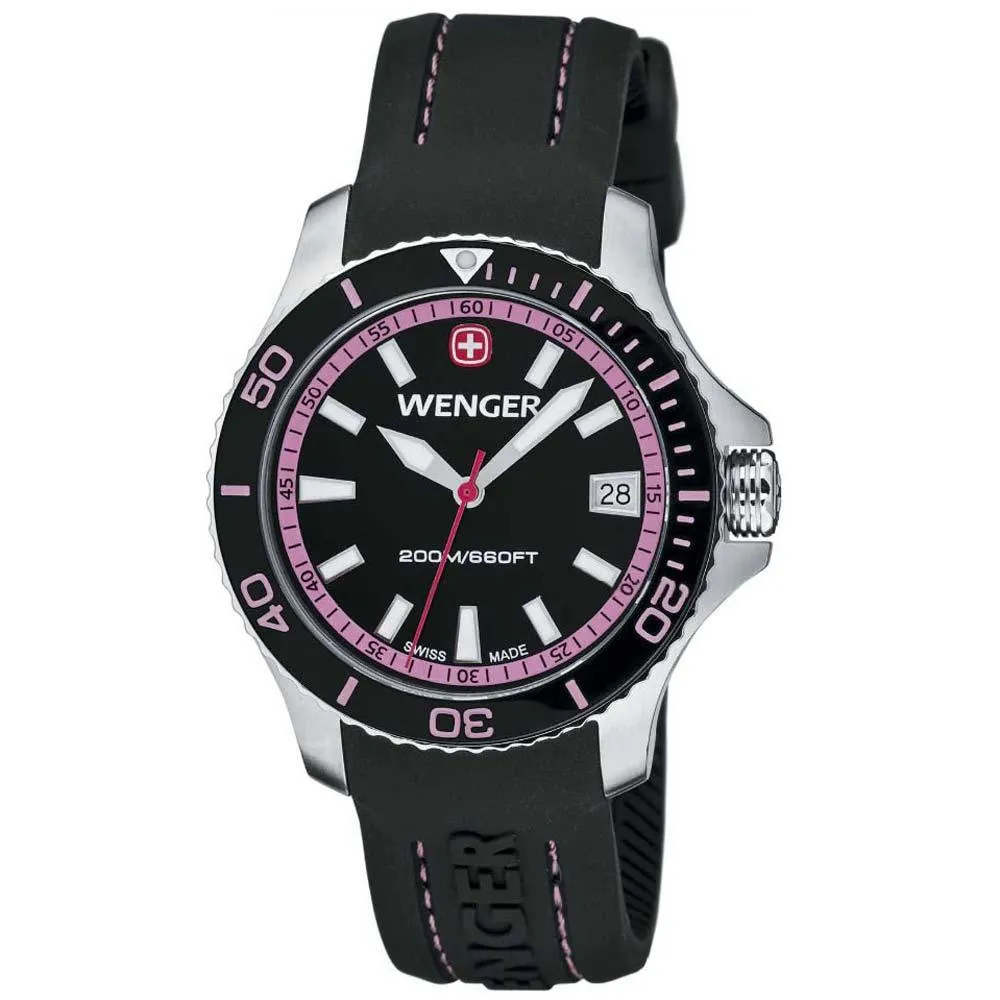Wenger 0621.103 Women's Sea Force Pink Accents Black Dial Silicon Rubber Strap Watch