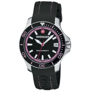 Wenger 0621.103 Women's Sea Force Pink Accents Black Dial Silicon Rubber Strap Watch