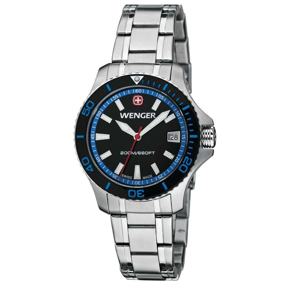 Wenger 0621.104 Women's Sea Force Blue Accents Black Dial Stainless Steel Watch