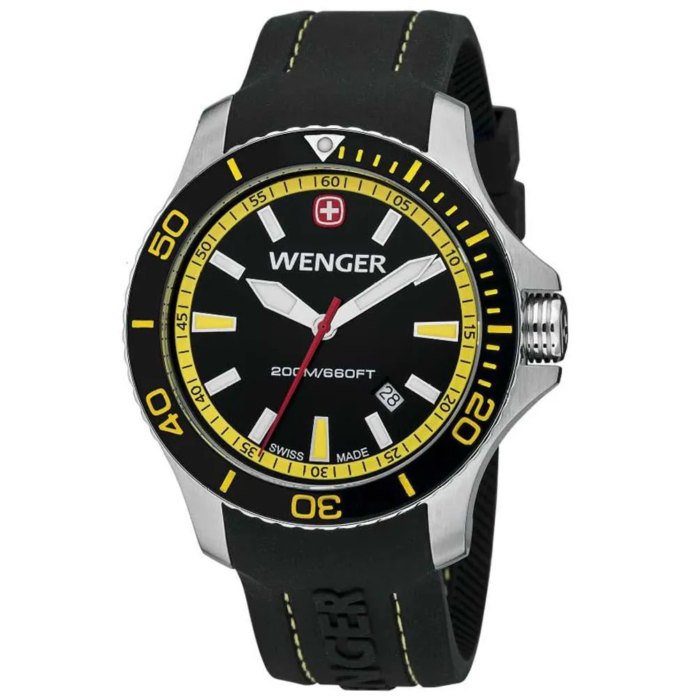 Wenger 0641.101 Men's Sea Force Yellow Accents Black Dial Silicon Rubber Strap Watch