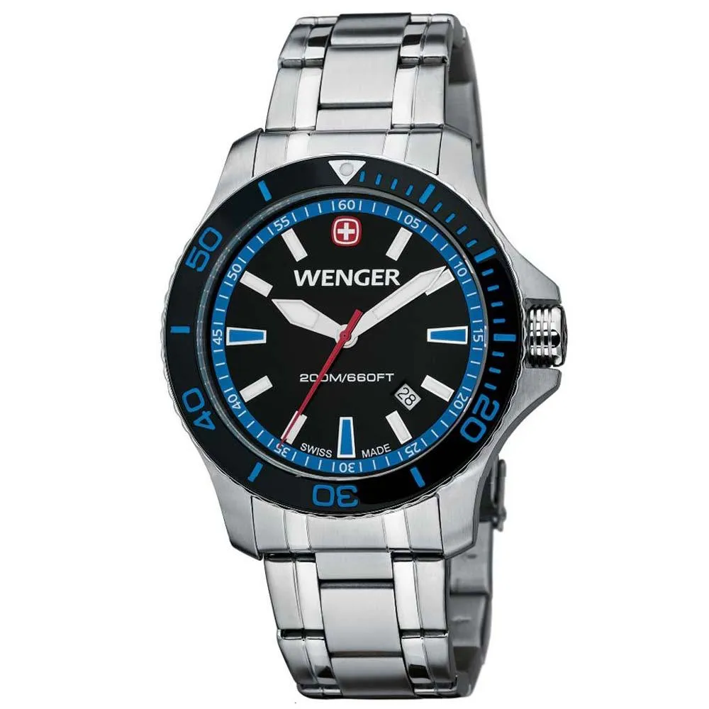 Wenger 0641.106 Men's Sea Force Swiss Made Blue Accents Black Dial Stainless Steel Watch