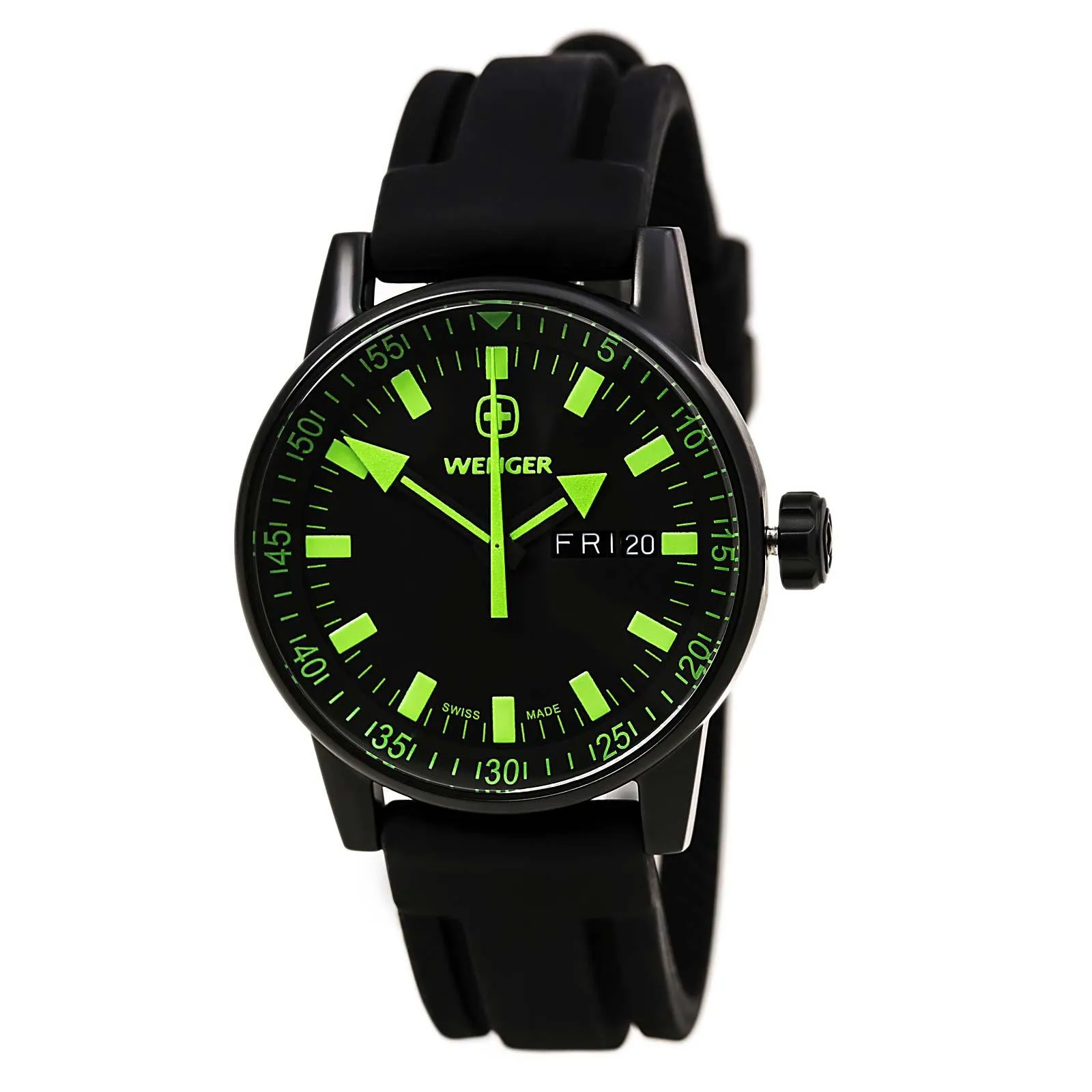 Wenger 70172 Men's Black Ion Plated Green Accents Black Dial Rubber Strap Watch