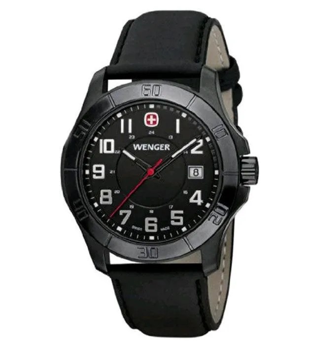 Wenger 70475 Men's Black Plated Leather Strap Quartz Watch