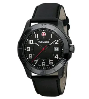 Wenger 70475 Men's Black Plated Leather Strap Quartz Watch