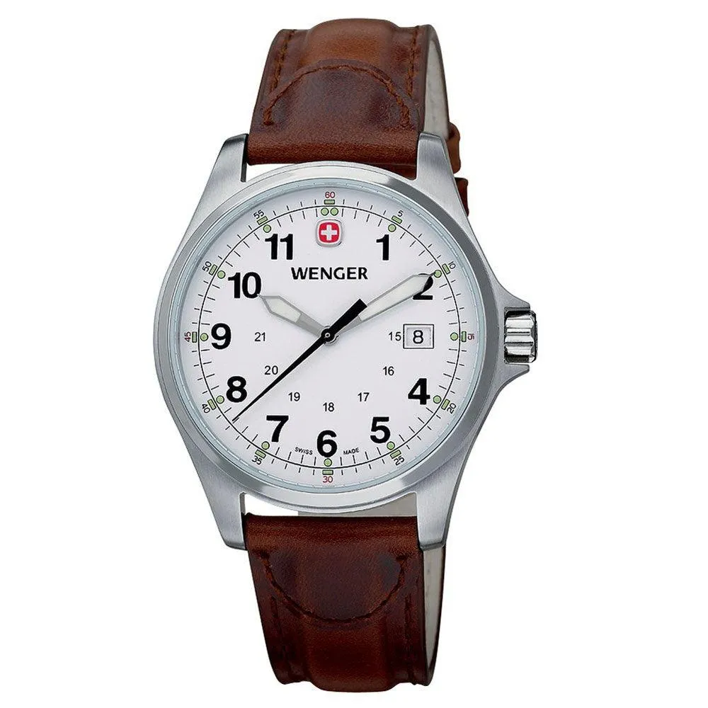 Wenger 72780 Men's TerraGraph White Dial Brown Leather Strap Military Time Watch