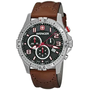 Wenger 77051 Men's Squadron Chrono Red Accents Black Dial Leather Strap Chronograph Watch