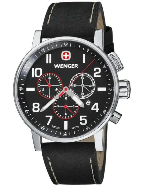 Wenger Mens Commando Chrono - Black Dial - Leather Strap - 100M WR - Date