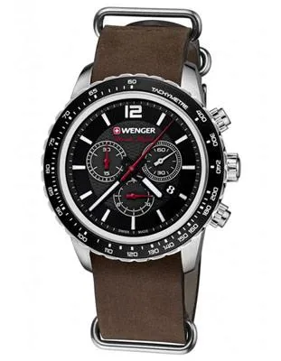 Wenger Mens Roadster Black Night Chronograph - Black Dial - Brown NATO Strap