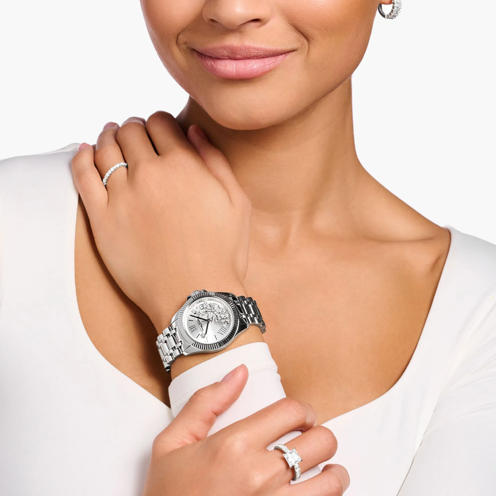 Womens watch flowers from white stones